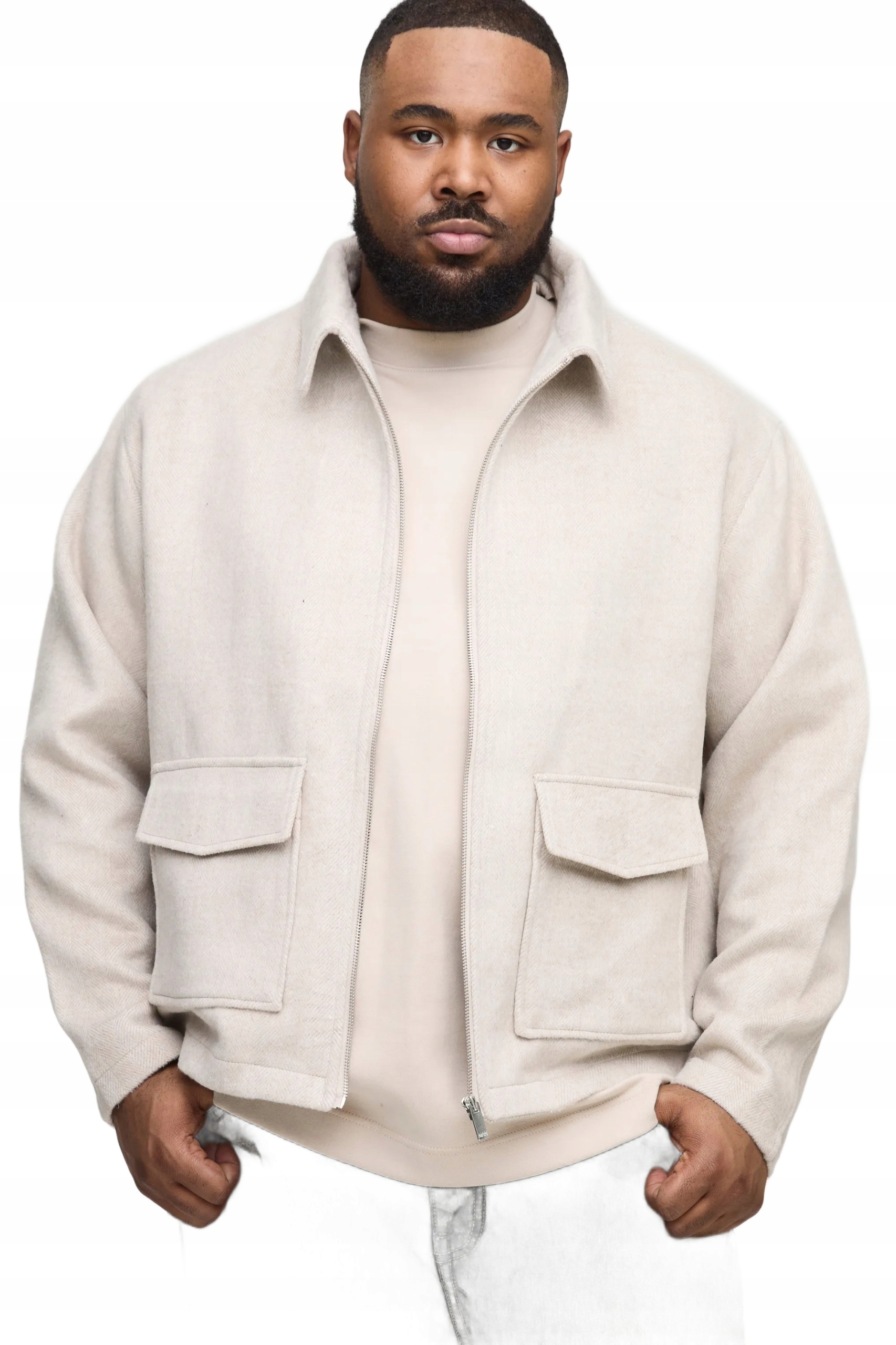 Boohooman Pánská Košile Plus Size Béžová Se Zipem A Kapsami 3XL Z3A