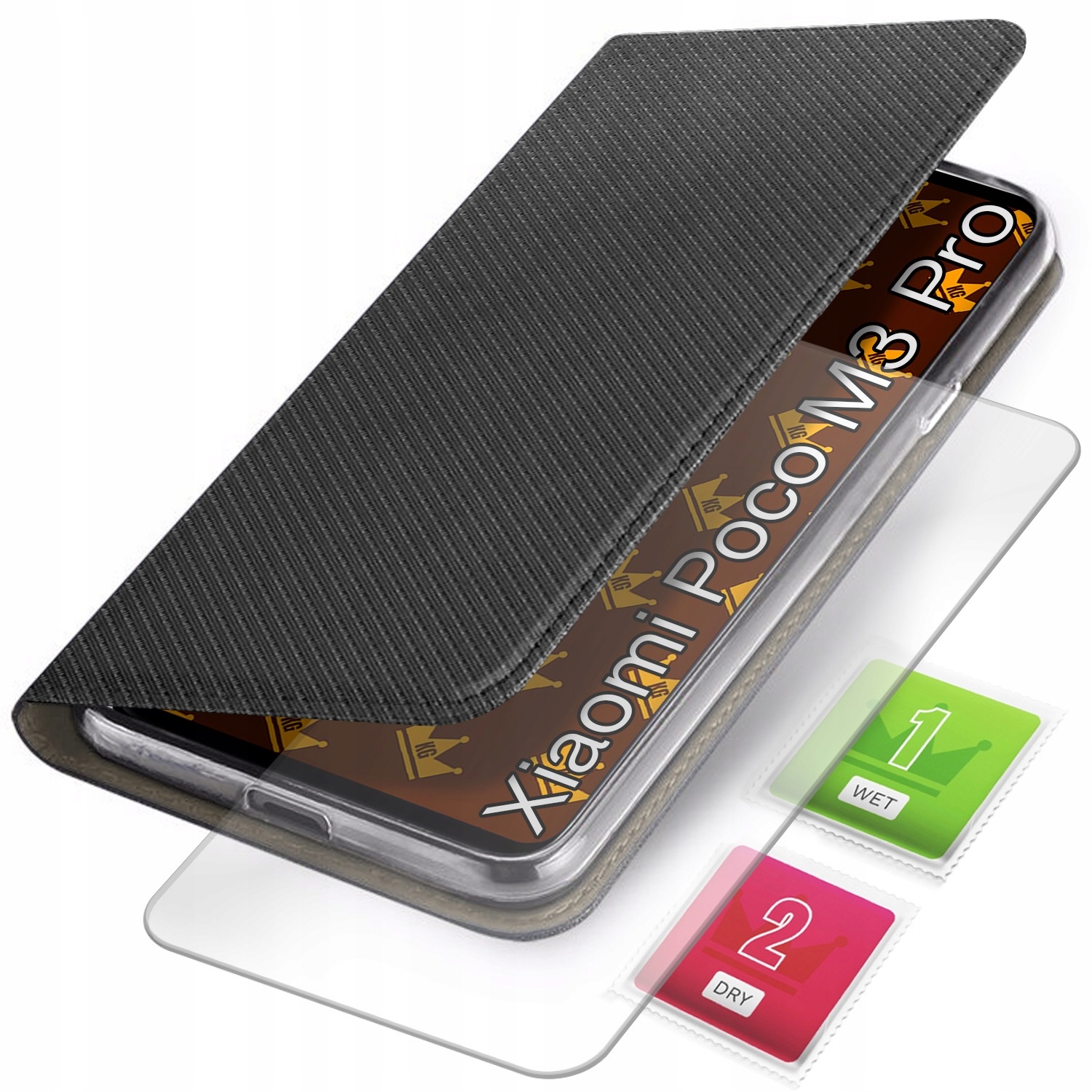 ETUI Z KLAPKĄ DO XIAOMI POCO M3 PRO / M3 PRO 5G CZARNE MAGNETYCZNE + SZKŁO