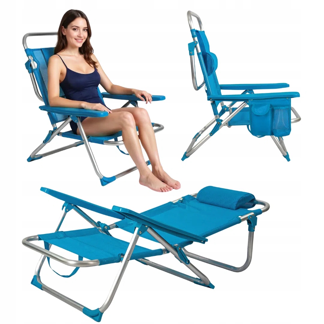 Leżak krzesło turystyczne 2w1 niebieskie kieszeń zagłówek Captain Mike