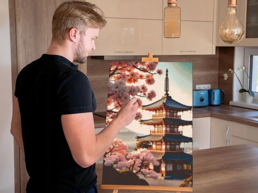 Diamantová výšivka Květy třešní Architektura Japonsko Příroda Čína 40x60 cm