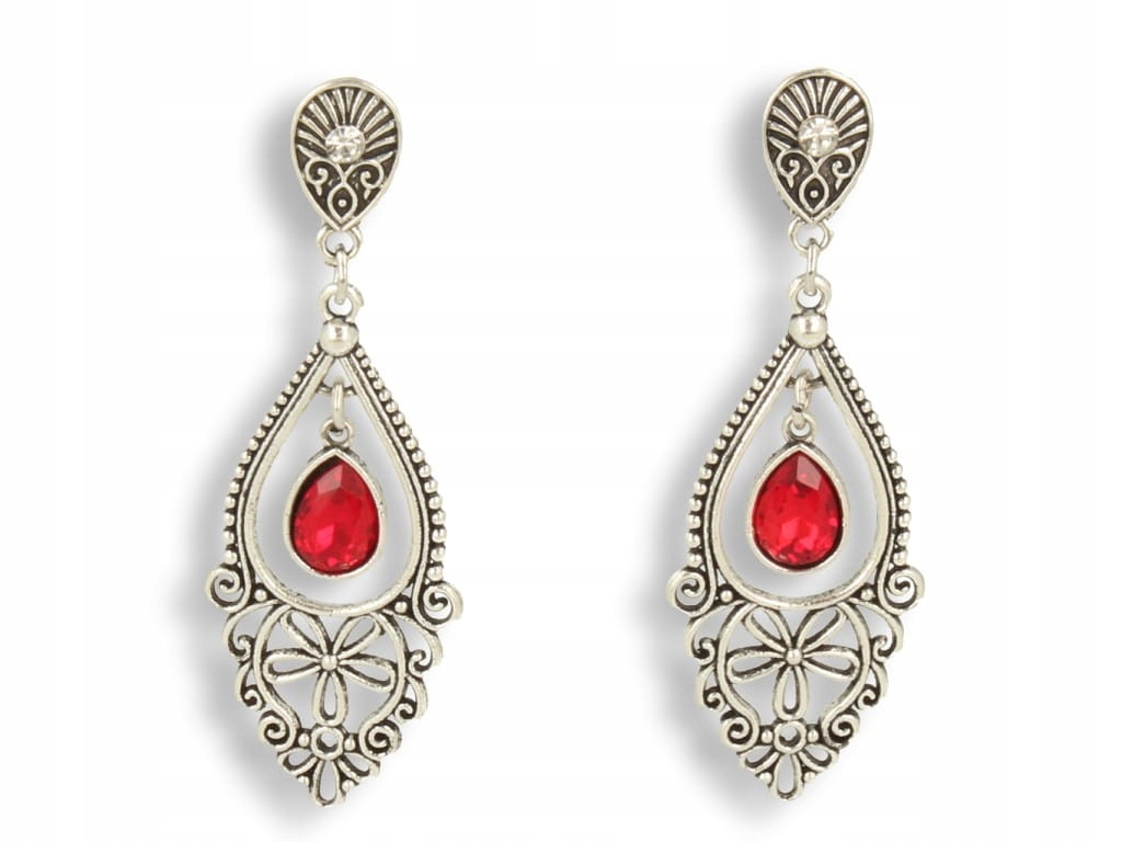 Klipsy do uszu srebrne wiszące z czerwonym oczkiem Płeć kobieta