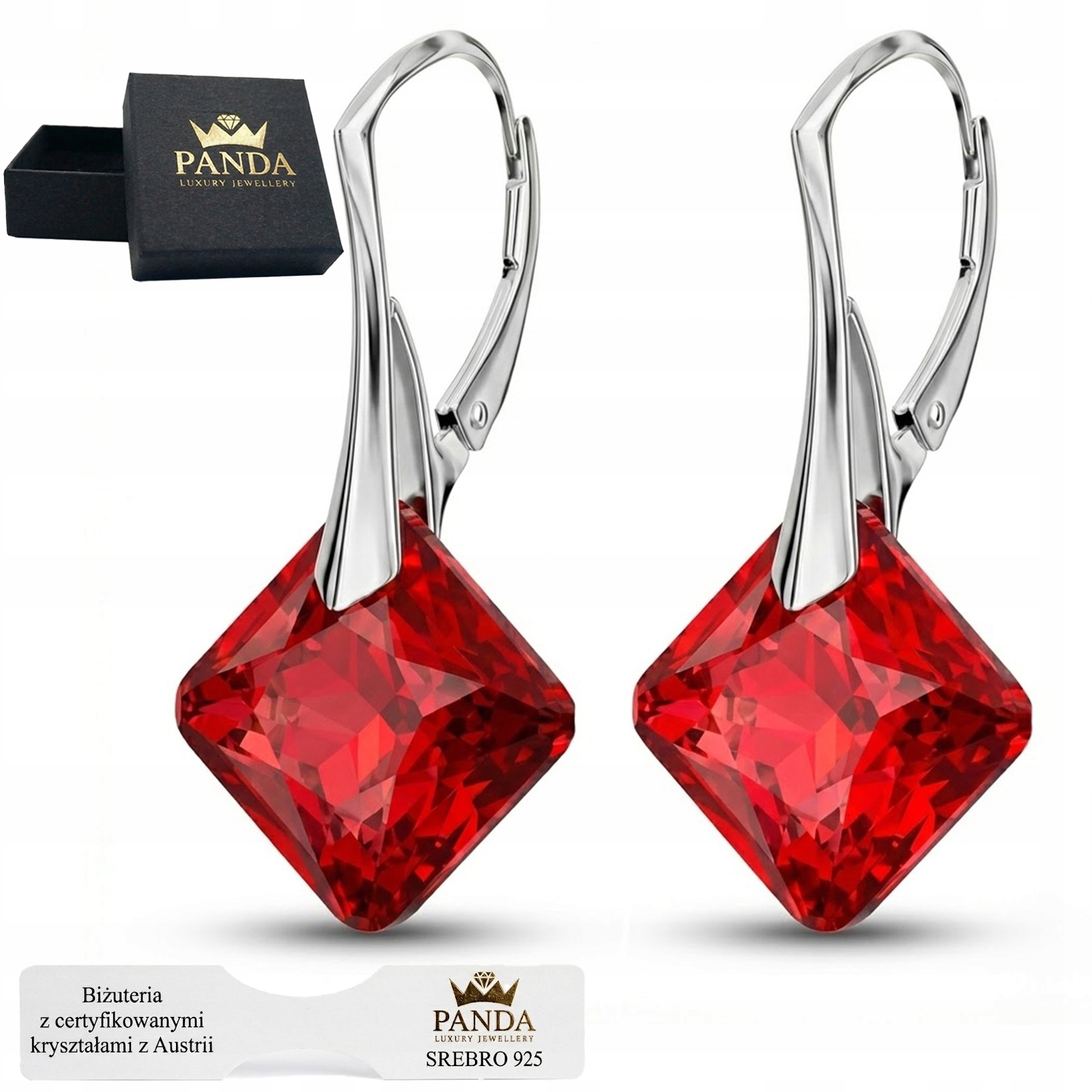 Stříbrné Náušnice 925 Červený Křišťál Siam Geometrický Dárek Valentýna