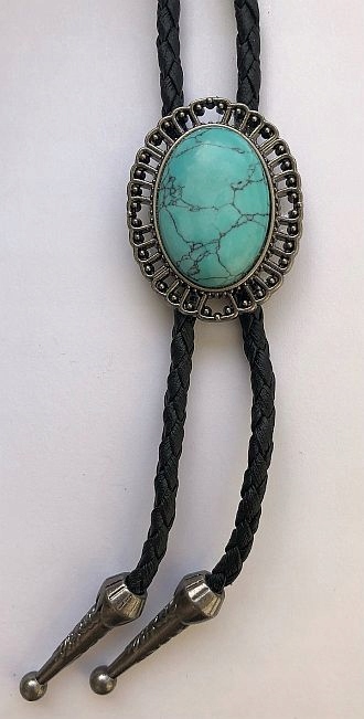 Bolo kravata western s tyrkysovým kamenem, modrá pletená pravá kůže