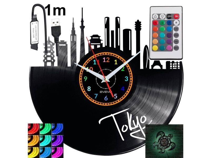 Tokyo Nástěnné podsvícené Led hodiny Rgb na dálkové ovládání Vinylová deska Moderní