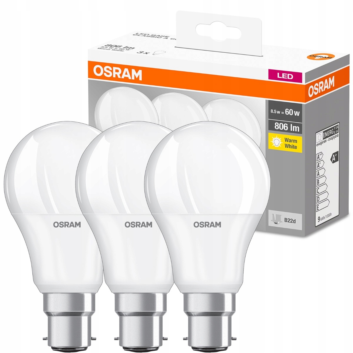

3PAK Żarówka Led B22d 8,5W =60W Osram Ciepła 2700K