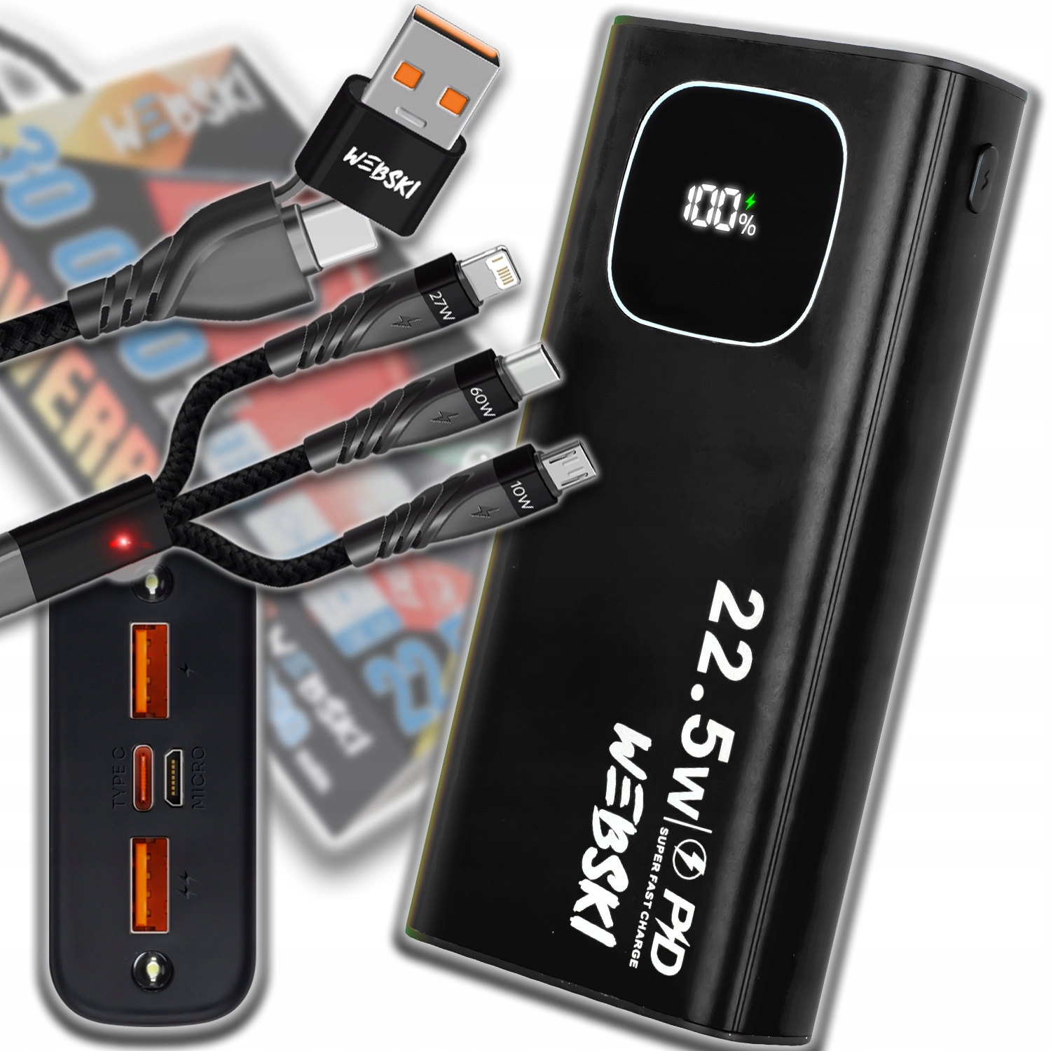 Power Banka 30 000 Mah Silná, Pevná, Velká, Prostorná, Usb Qc Pd Usb Kabel 6V1