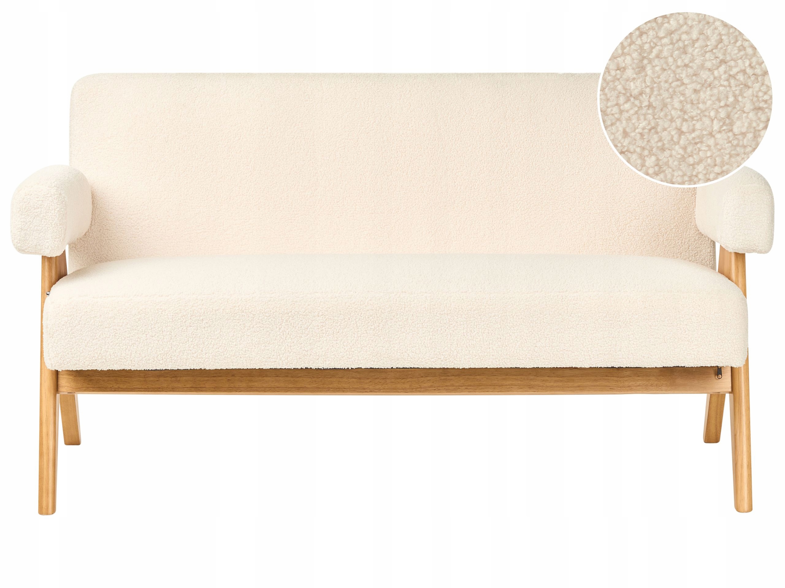 Sofa dwuosobowa retro boucle złamana biel z jasnobrązowym