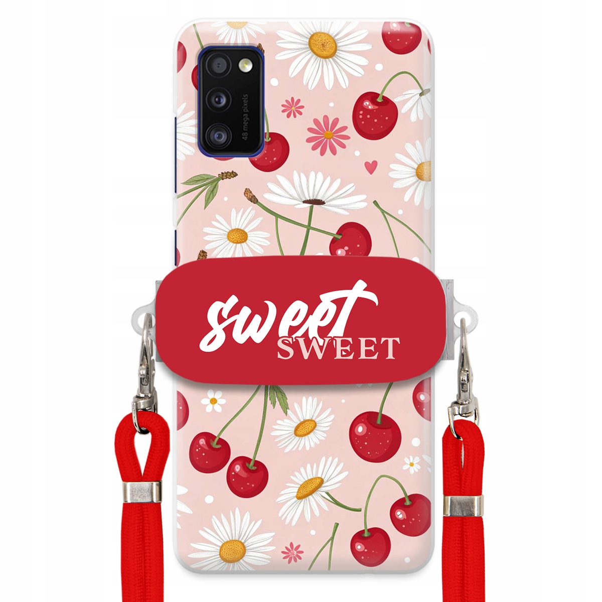 Puzdro pre Samsung A41 Červené vodítko držiak Sweet Sweet Čerešňa a sedmokráska