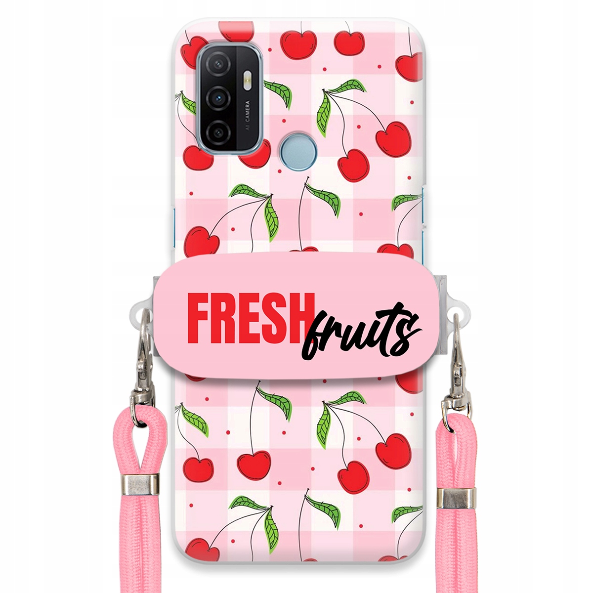 Puzdro pre Oppo A53s Case držiak na šnúrku Ružový Fresh Fruits Mriežka Ovocie
