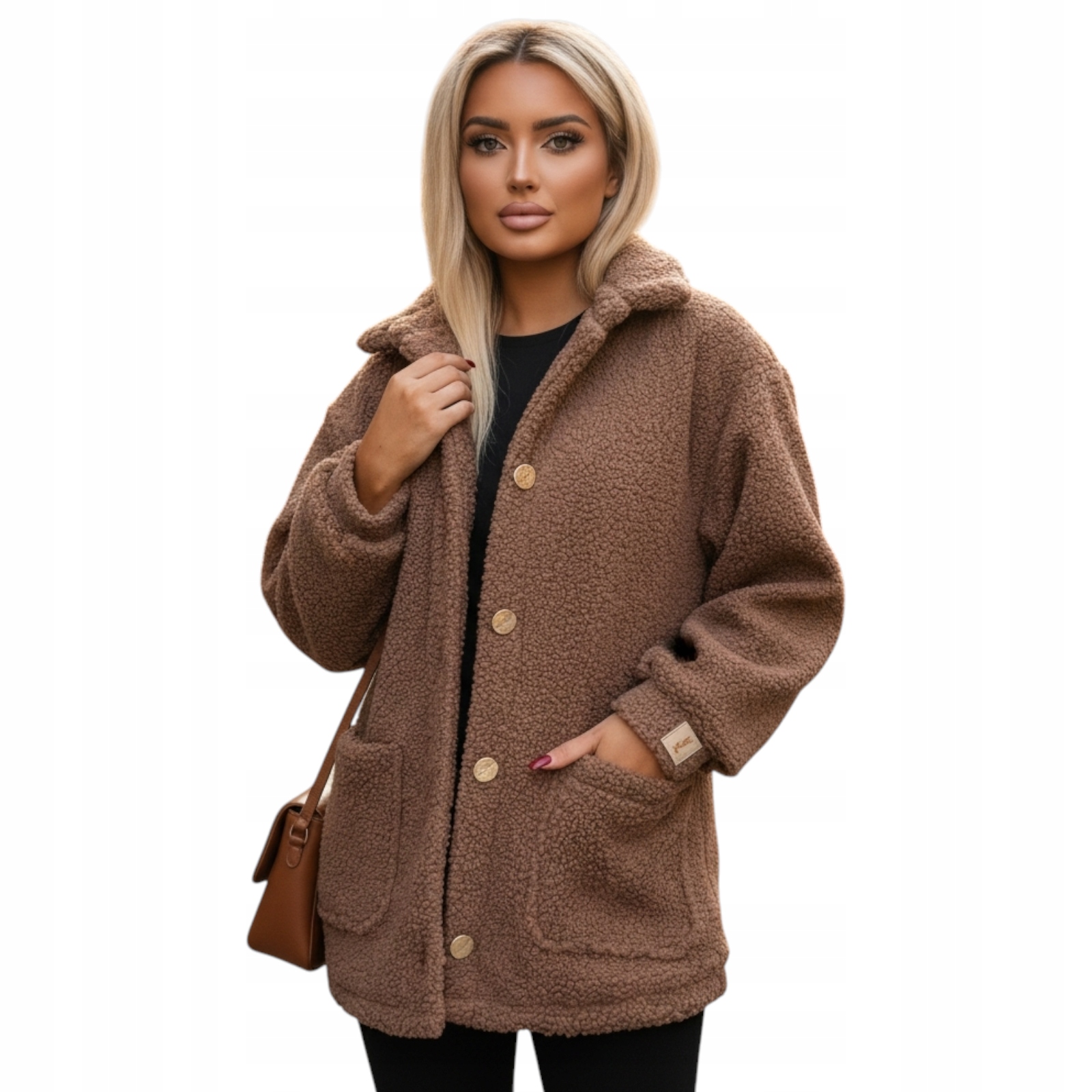 Béžová teddyová bunda „medvídek“ s kapsami, teplá, měkká, zapínaná na knoflíky