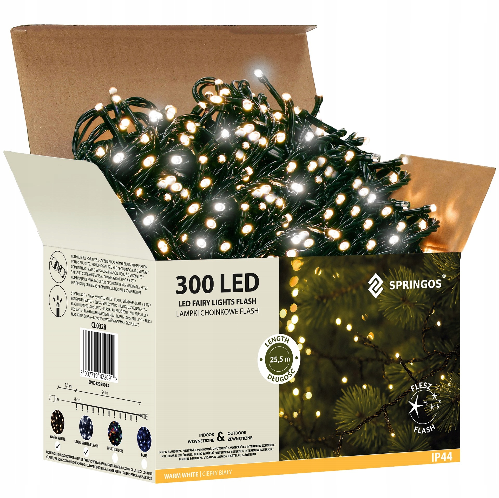 Vánoční Osvětlení Na Stromeček 300LED 25,5 m Venkovní Bílé Teplé Vánoční