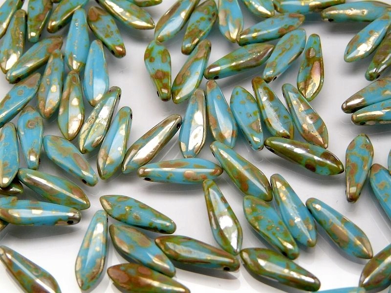 Dagger Beads Blue Turquoise Picasso 16x5mm-10szt