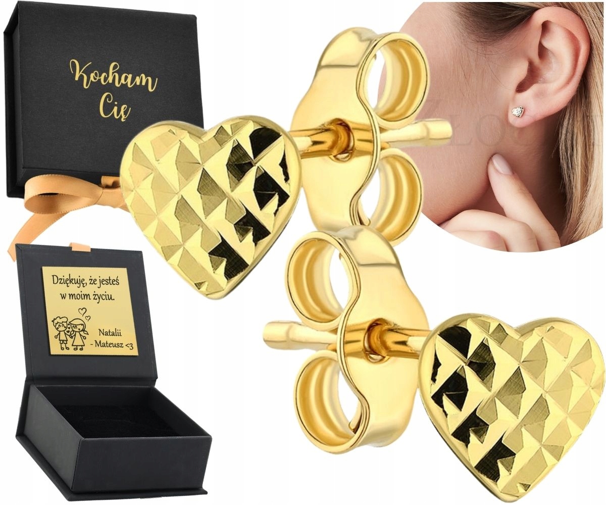 Zlaté Náušnice Diamantové srdce Vypouklé 585 Gravírování Dárek Den Žen