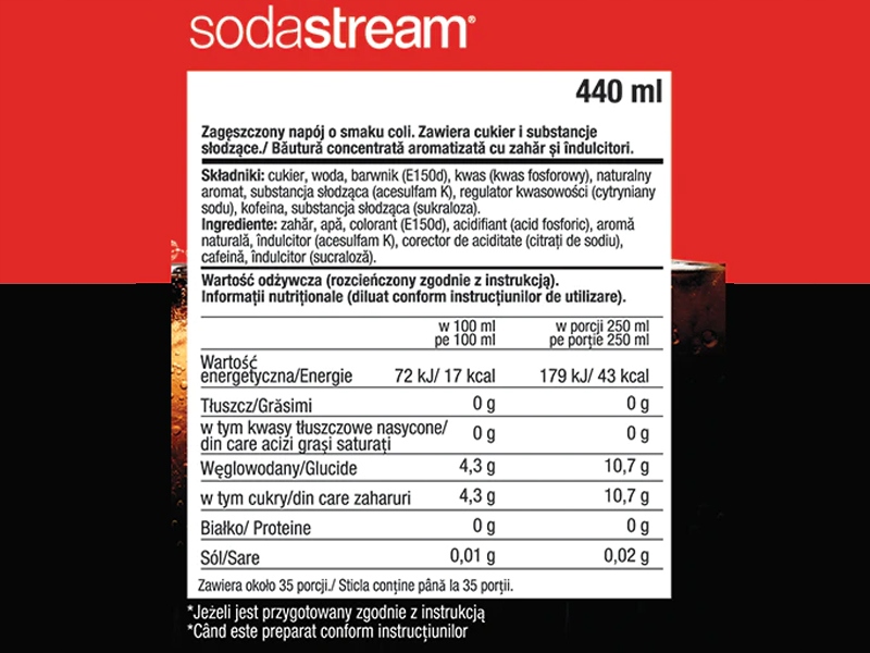 4x SYROP SODASTREAM KONCENTRAT COLA CLASSIC DO SATURATORA 9L NAPOJU z 440ml Waga produktu z opakowaniem jednostkowym 1.8 kg