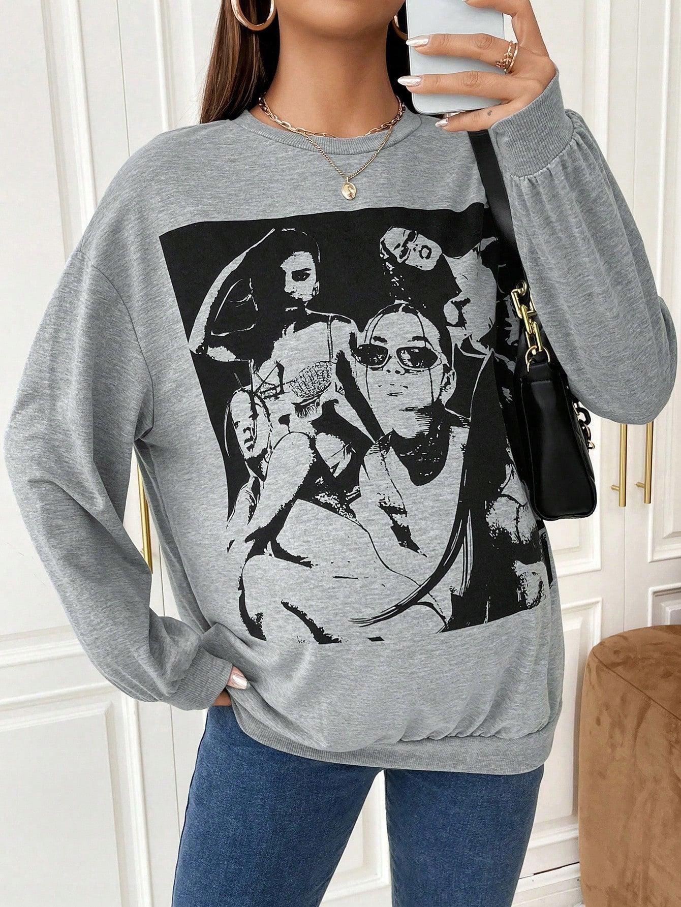 BLUZA CIĄŻOWA KLASYCZNA LUŹNA SZARA PROSTA NADRUK GRAFICZNY GŁADKA SHEIN L