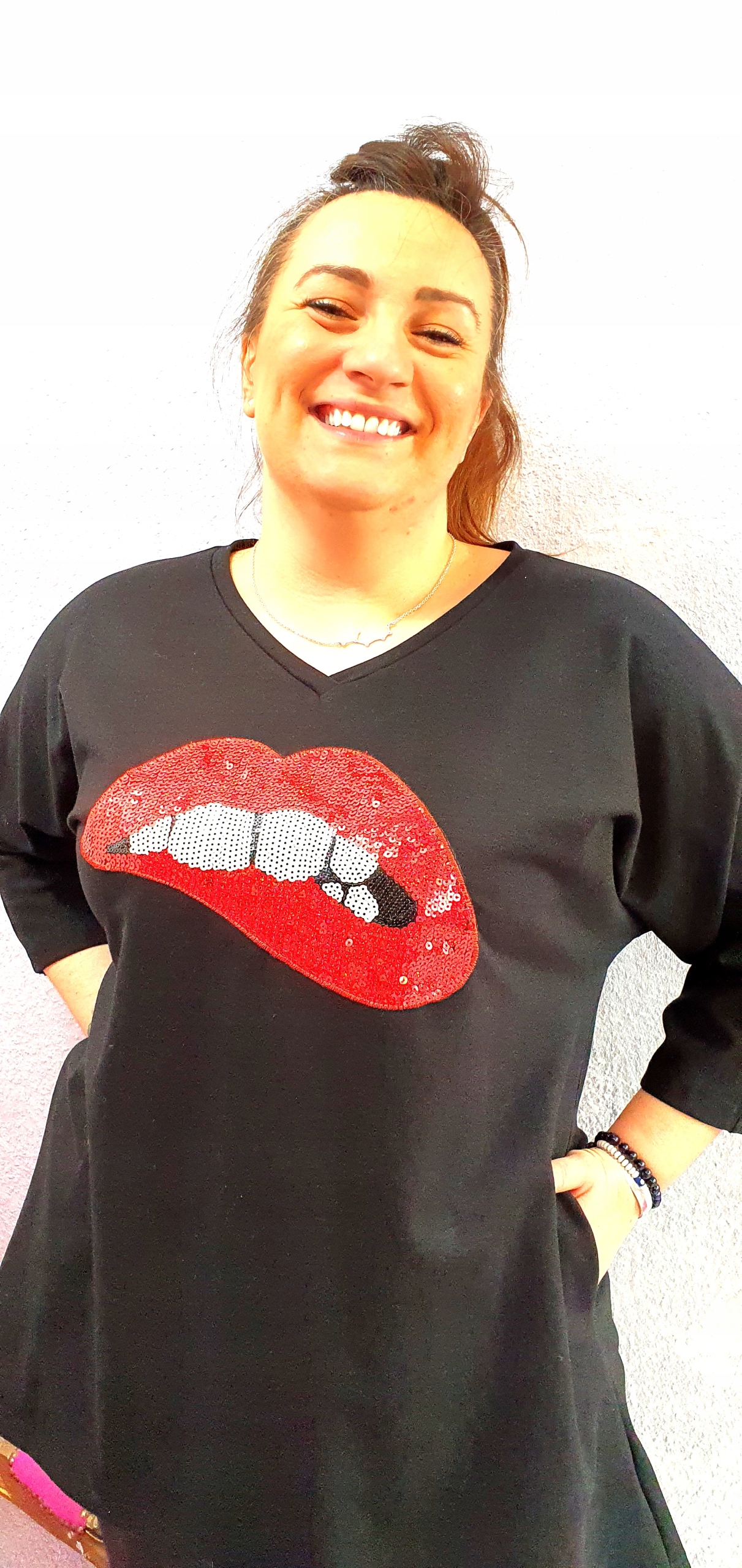 Plus Size. Bluzka Skórka Czarna. Zbluzowana roz 56 Rękaw rękaw 3/4