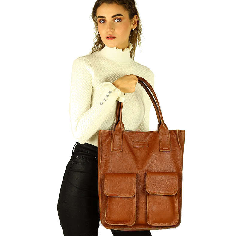 

Shopper z kieszeniami skórzana torebka A4 skóra