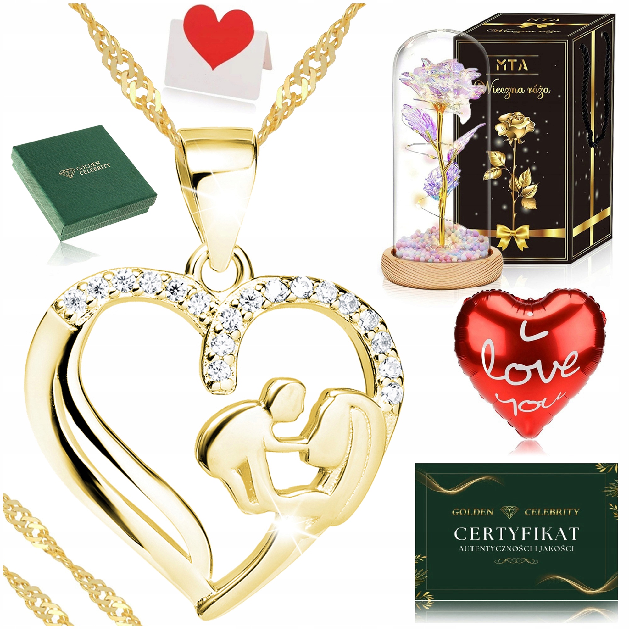 ZŁOTY NASZYJNIK MATKA Z DZIECIĄTKIEM W SERCU Z CYRKONIAMI 925+RÓŻA WIECZNA