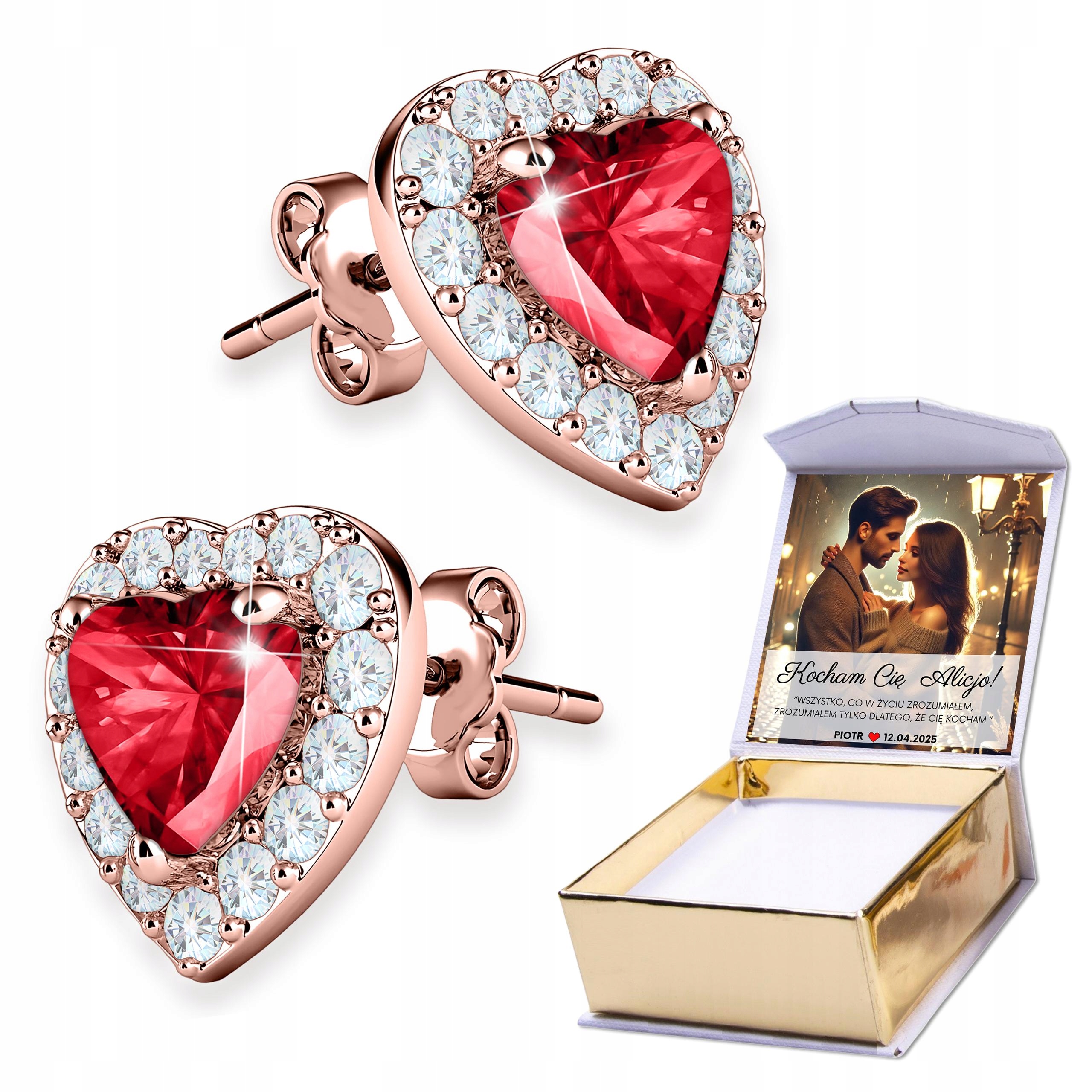 Náušnice Pozlacené 925 Červené Rubínové Srdce Křišťálové Zirkony Potisk