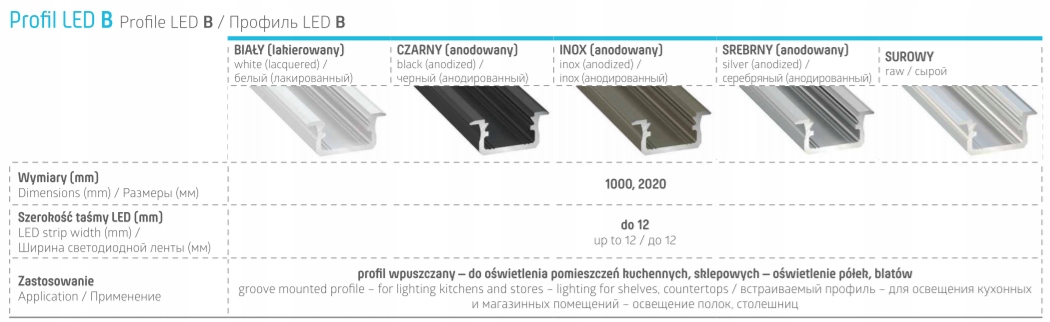 Profil LED wpuszczany UNIWERSALNY 2m SREBRNY+KLOSZ Marka Lumines
