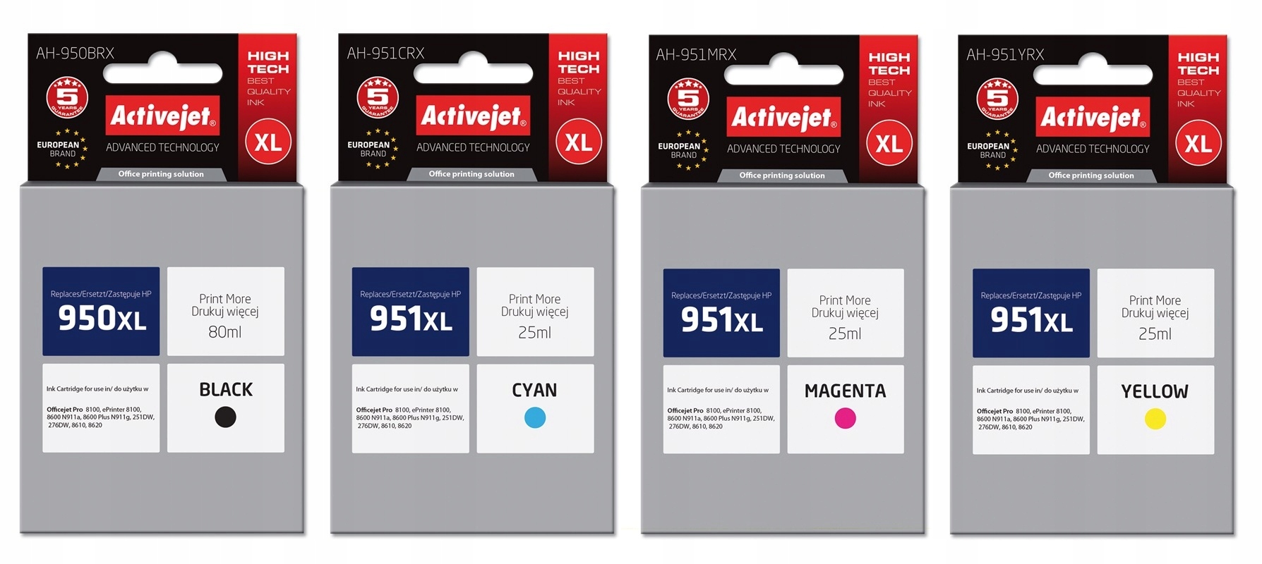4x Activejet Do Hp 950 Hp 951 Officejet pro 8100 8600 8610 8620 8630 Bk Cmy