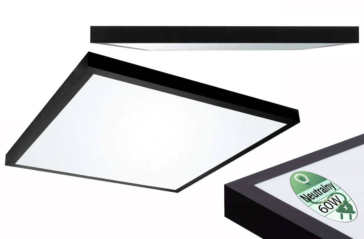 Panel kaseton lampa Led 60W CCD 60x60 oprawa natynkowa b. neutralna Czarny