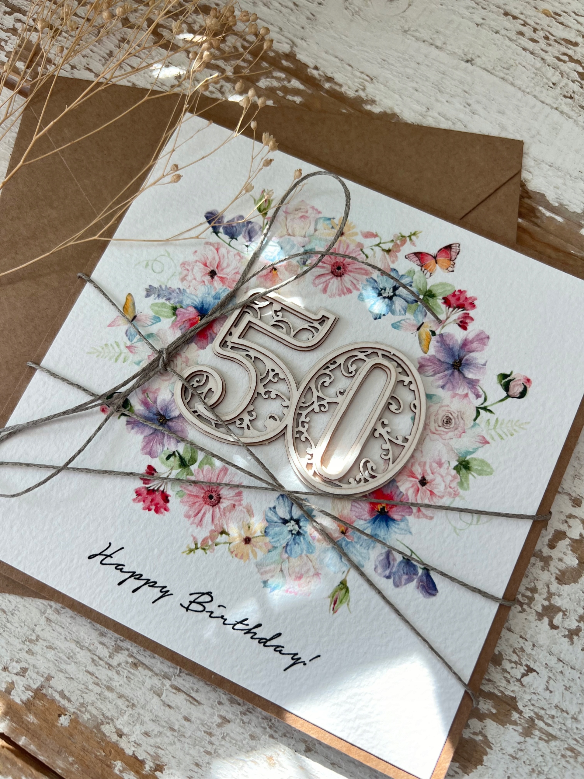 Ručně vyráběné narozeninové přání 50. narozeniny Happy Birthday card
