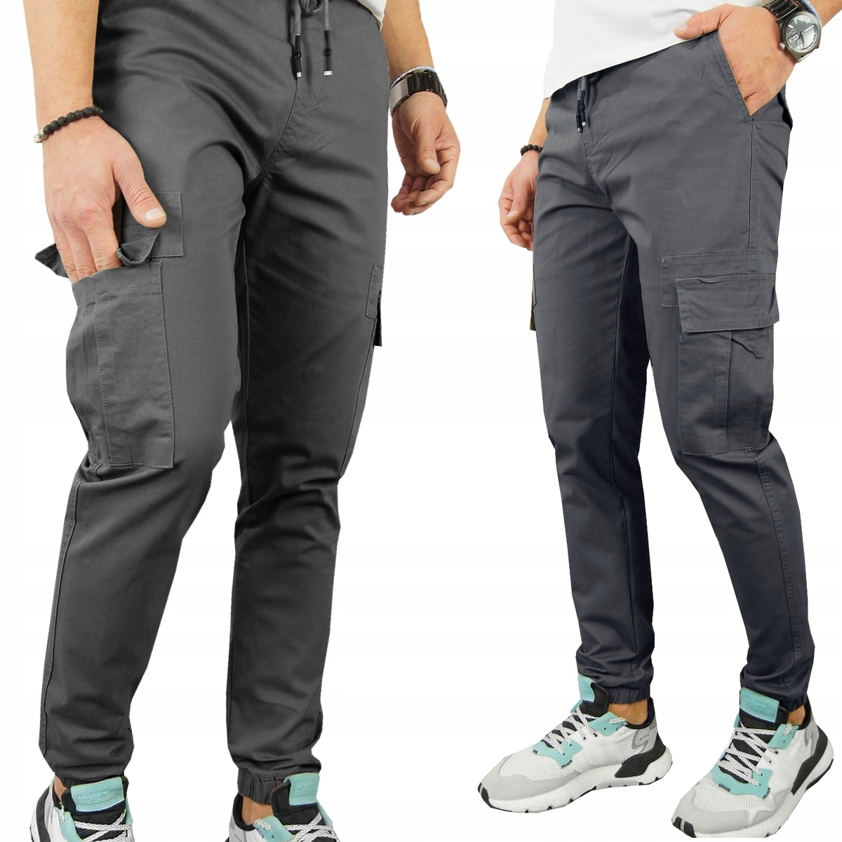 Męskie Spodnie Bojówki z 6 Kieszeniami Joggery rozciągliwe Pas na Gumce 3XL