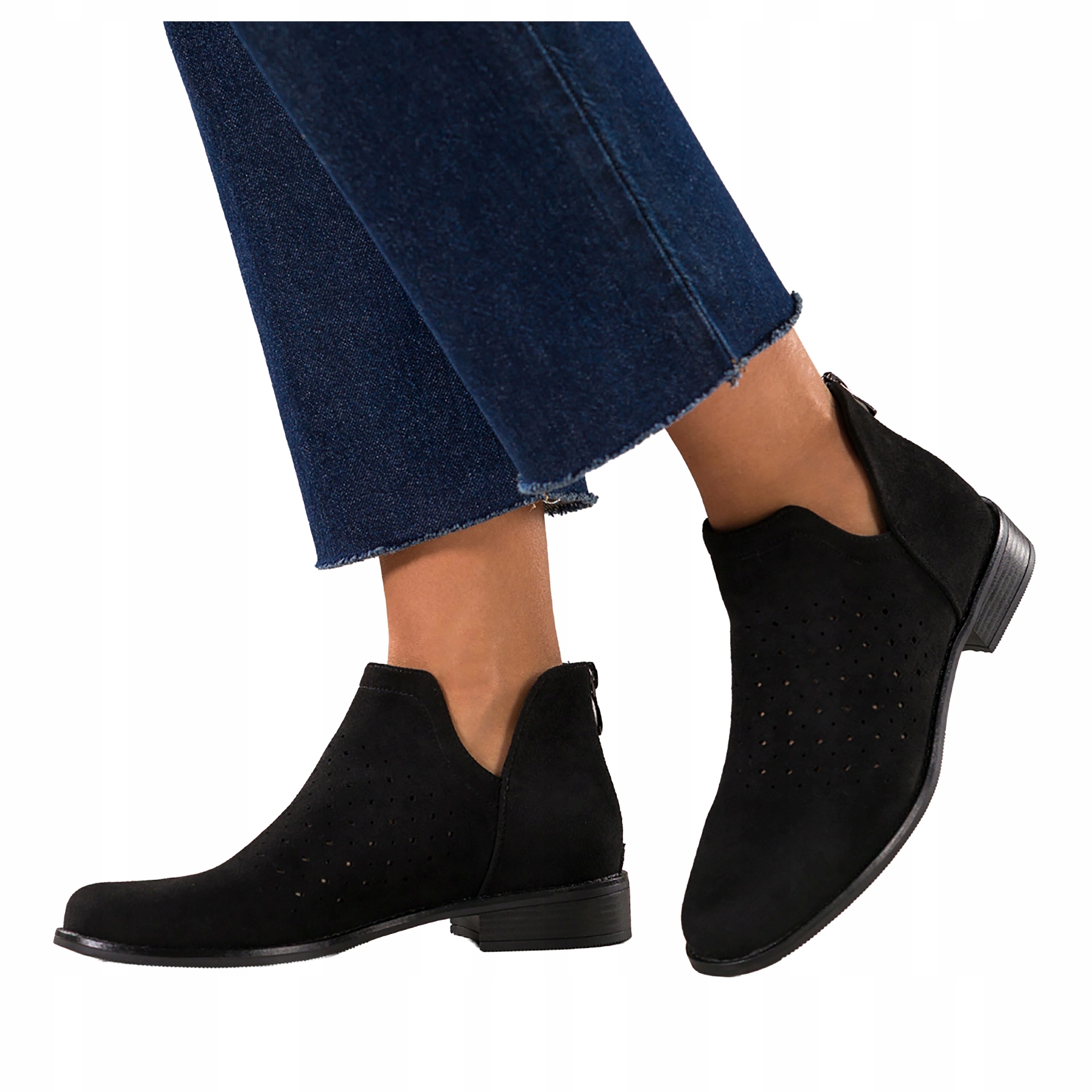 Kotníkové Boty Černé Dámské Ploché Ažurové Vystřižený Svršek Semišové Pohodlné vel. 38