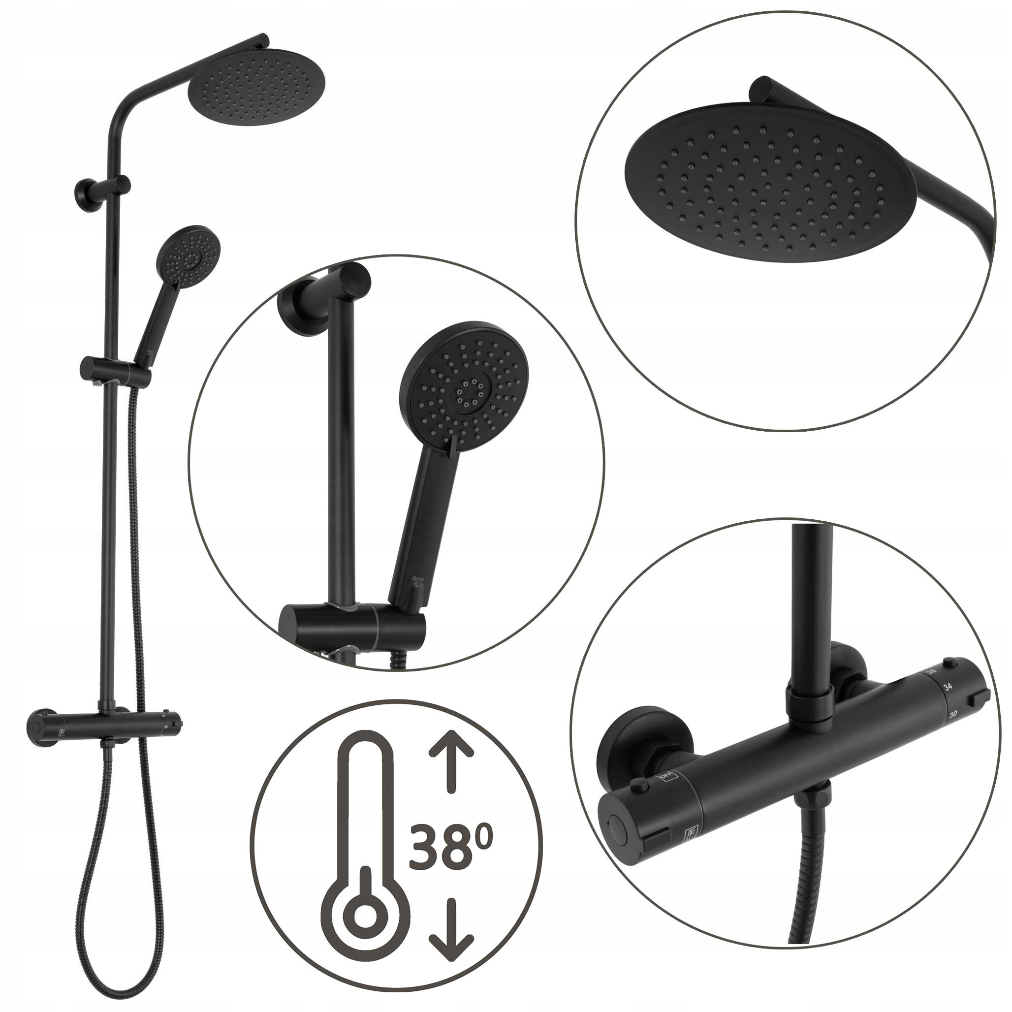 Čierny nástenný sprchový set s termostatom Rea Bliss Dažďová sprcha 20 cm