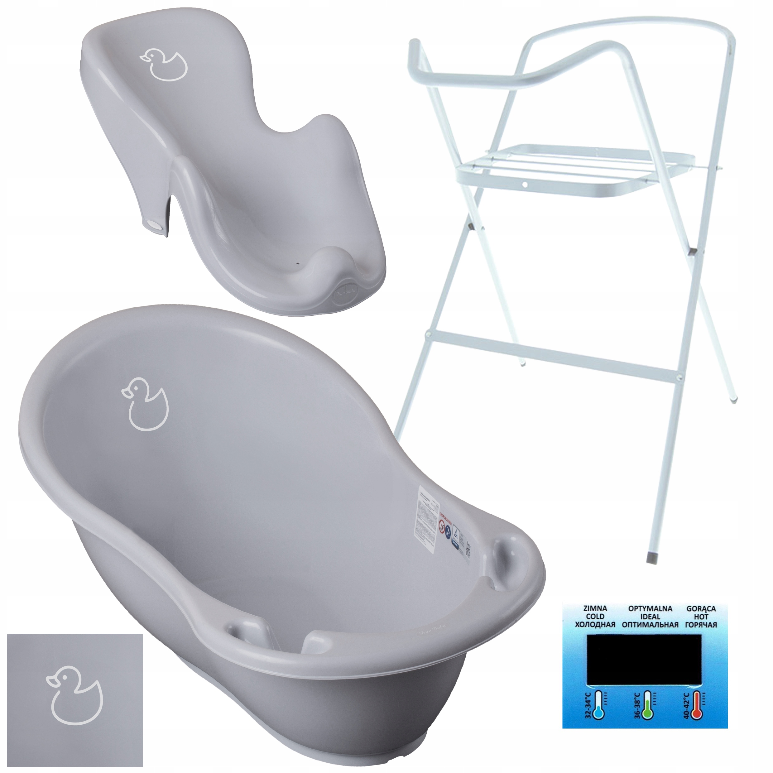 WANIENKA "4w1 ZESTAW" DLA DZIECKA TEGA BABY WANNA TERMOMETR LEŻACZEK STOJAK