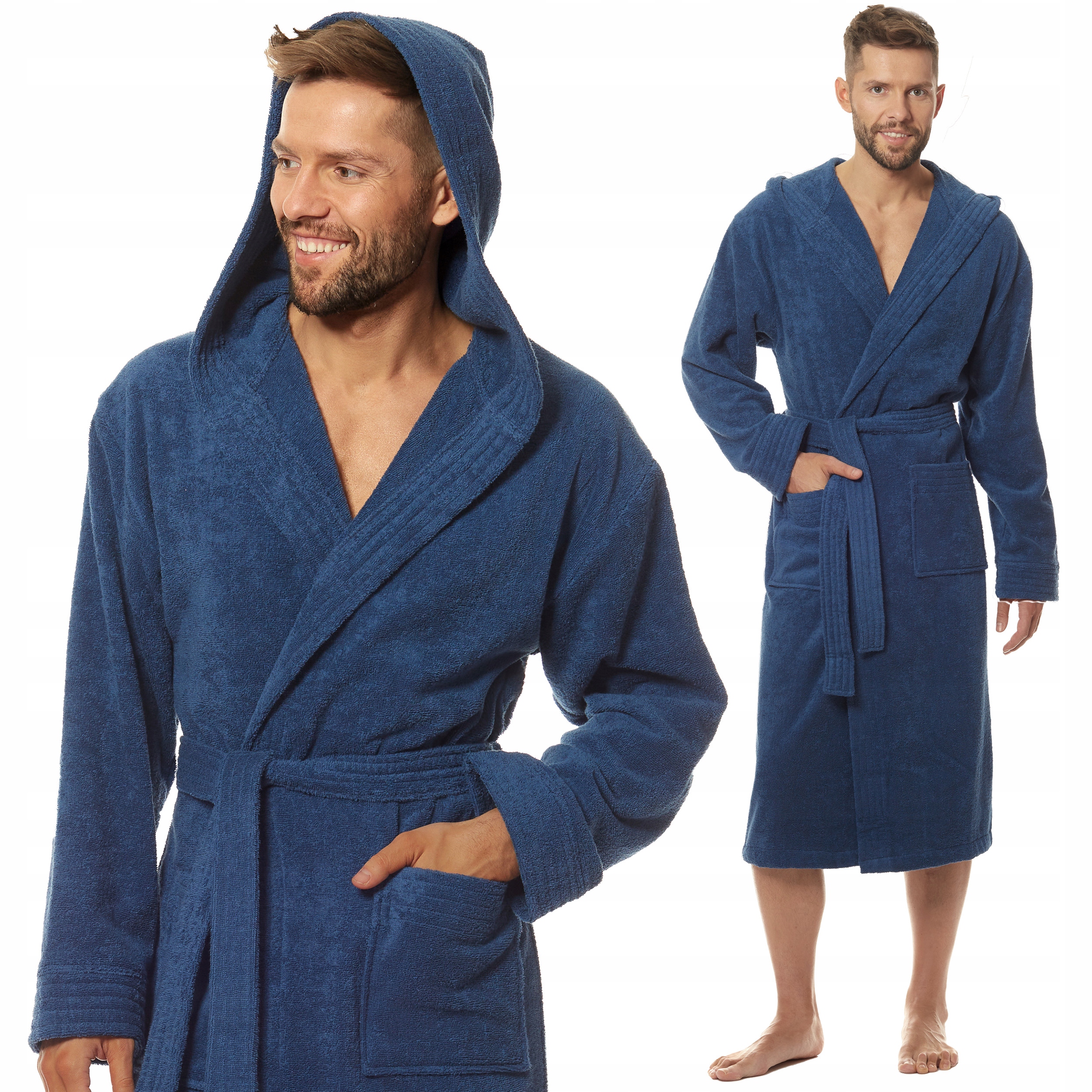 L&L pánský župan dlouhý froté s kapuce Premium 2104 tmavě modrý XXL
