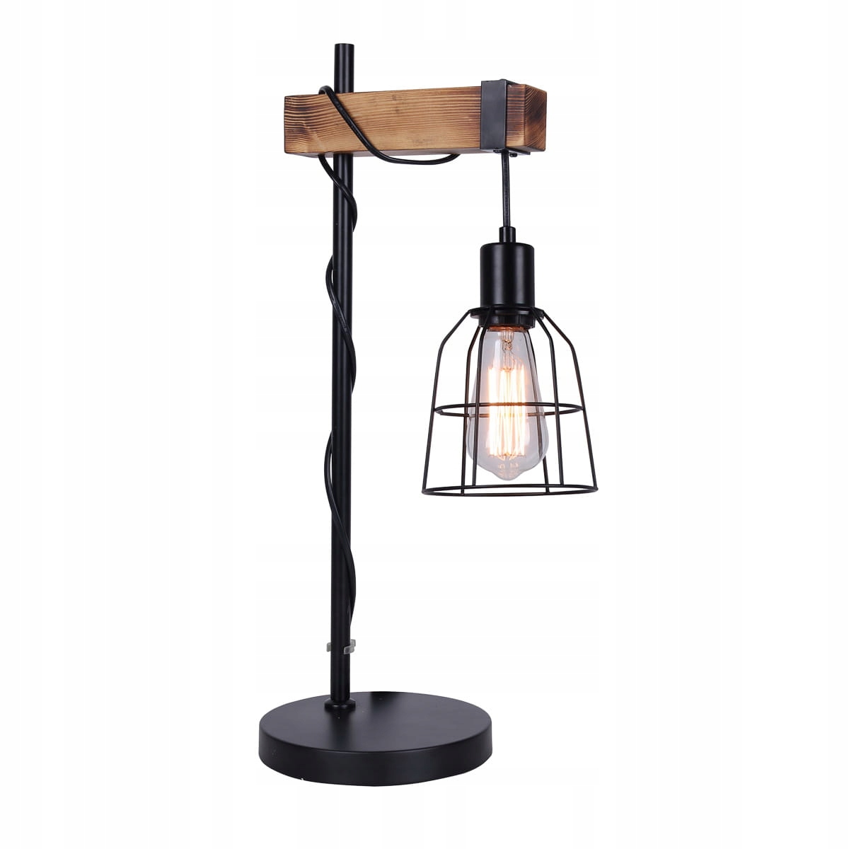 Industriálna drevená nočná lampa s čiernym drôteným tienidlom Italux
