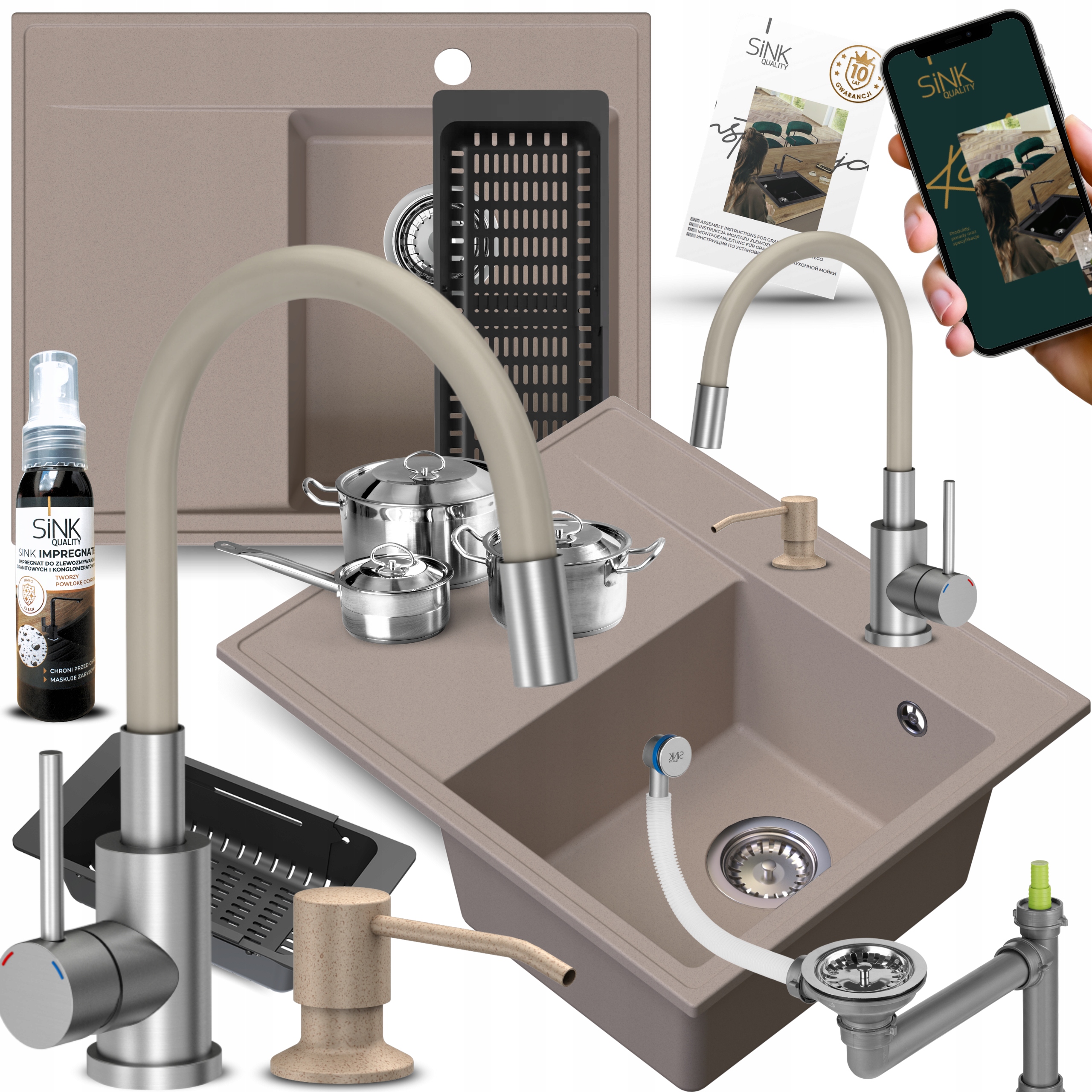 Granitový Drez S Dávkovačom na tekutinu S Batériou Béžová Komora Pravá