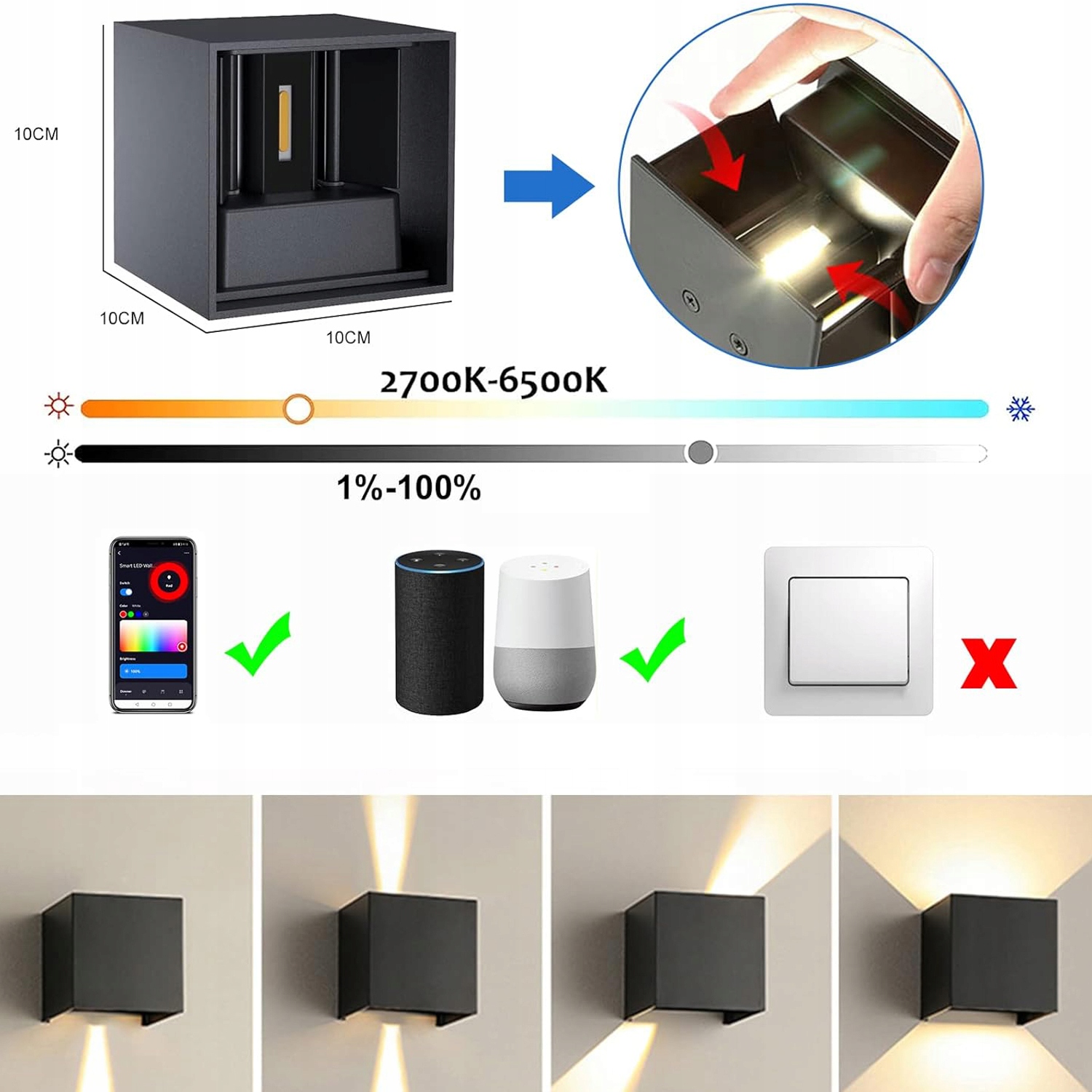 LAMPA ŚCIENNA KINKIET LED WIFI KONTROLA APP WEWNĘTRZNY/ZEWNĘTRZNY IP65 Marka bez marki