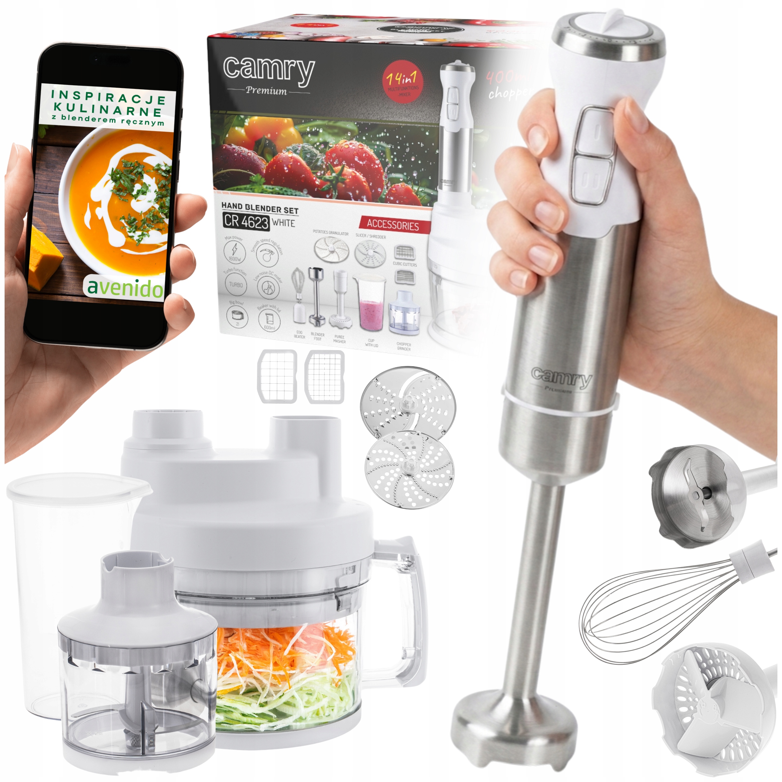 Blender ręczny Wielofunkcyjny 1600W misa 2L funkcja Turbo Tarka krojenie