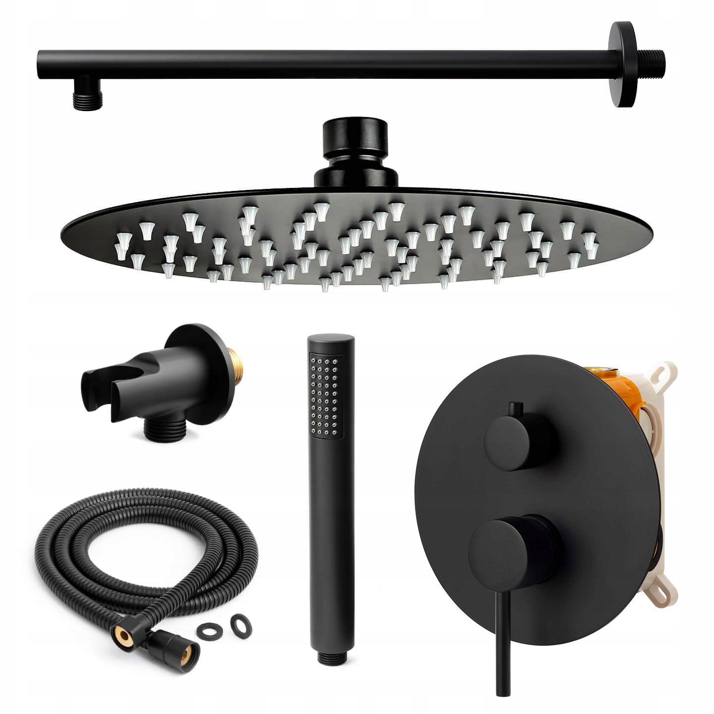 Čierny podomietkový sprchový set s dažďovou sprchou 20 cm Podtynk