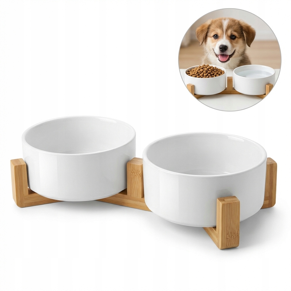 Levně Keramická dvojitá miska pro psy a kočky s bambusovým stojanem 2x400ml bílá