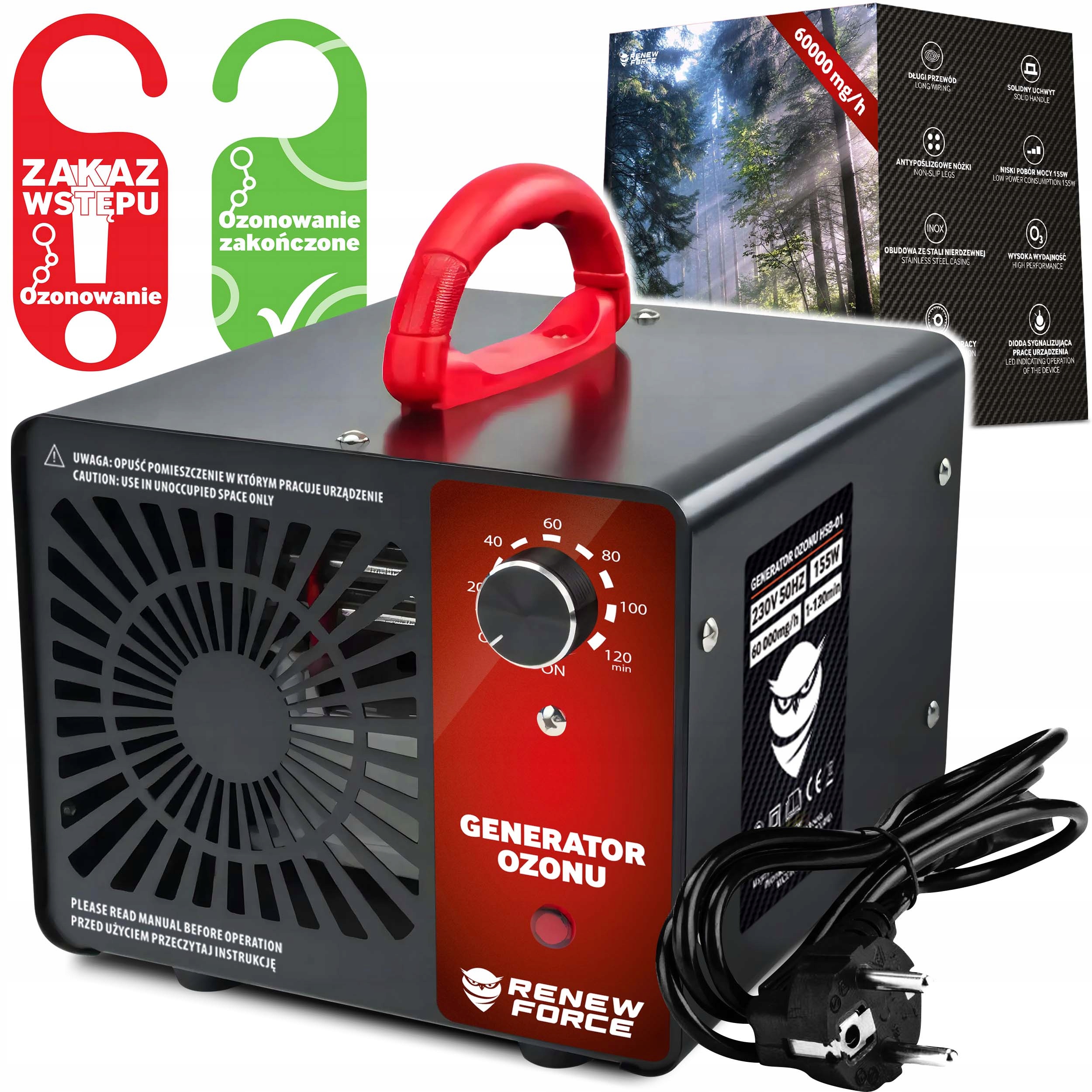 GENERATOR OZONU OZONATOR DOMOWY OCZYSZCZACZ POWIETRZA 60 000 MG/H 155W Marka Renew Force