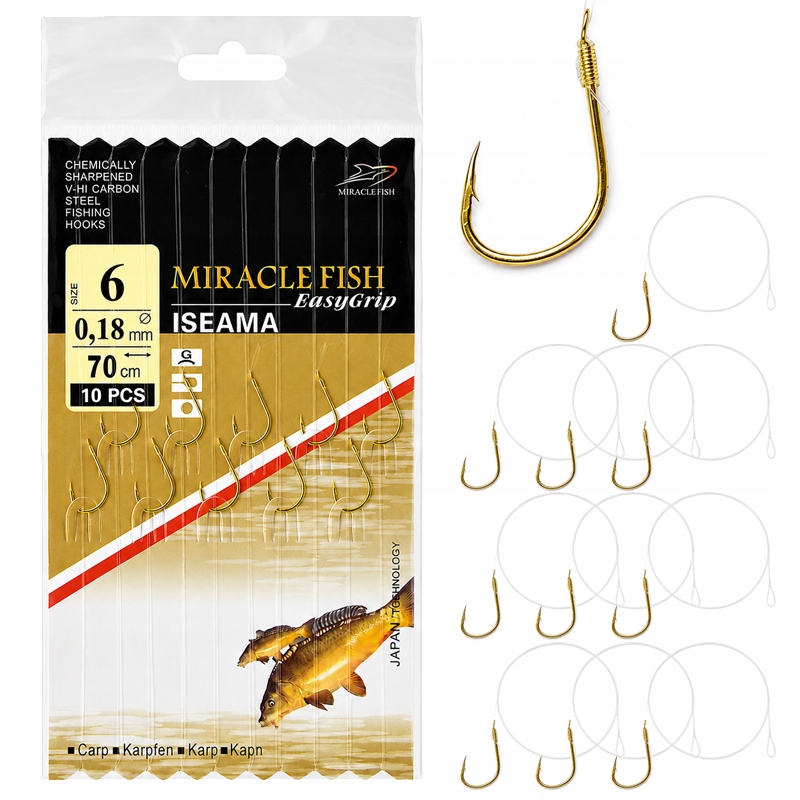 duże Haczyki Z Przyponem 10szt haczyk Nr 6 Iseama 70cm Karp spławik 0,18mm
