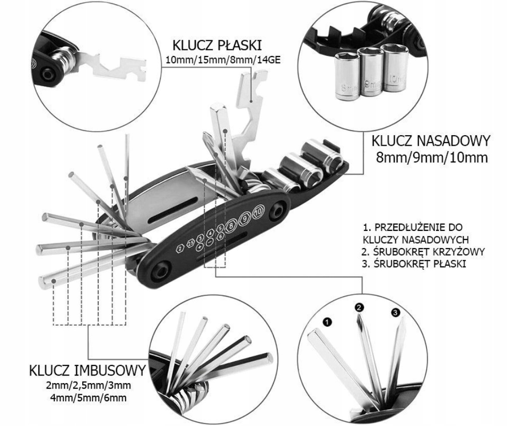 KLUCZE ROWEROWE ZESTAW 16W1 PŁASKI IMBUSY NASADKI Marka ADV