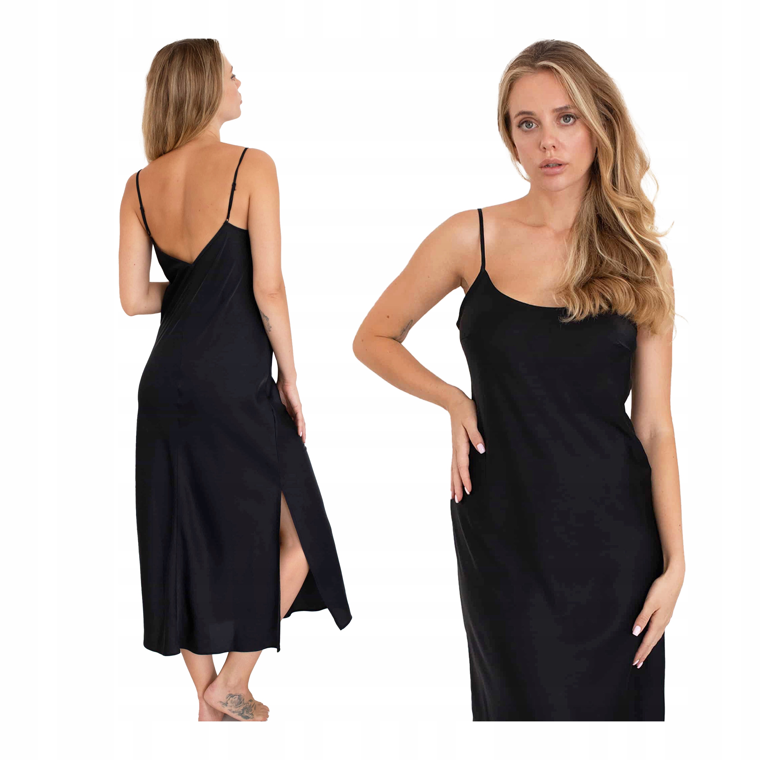 Dlouhá košile noční na ramínka saténová černá hladká matná Kleo M