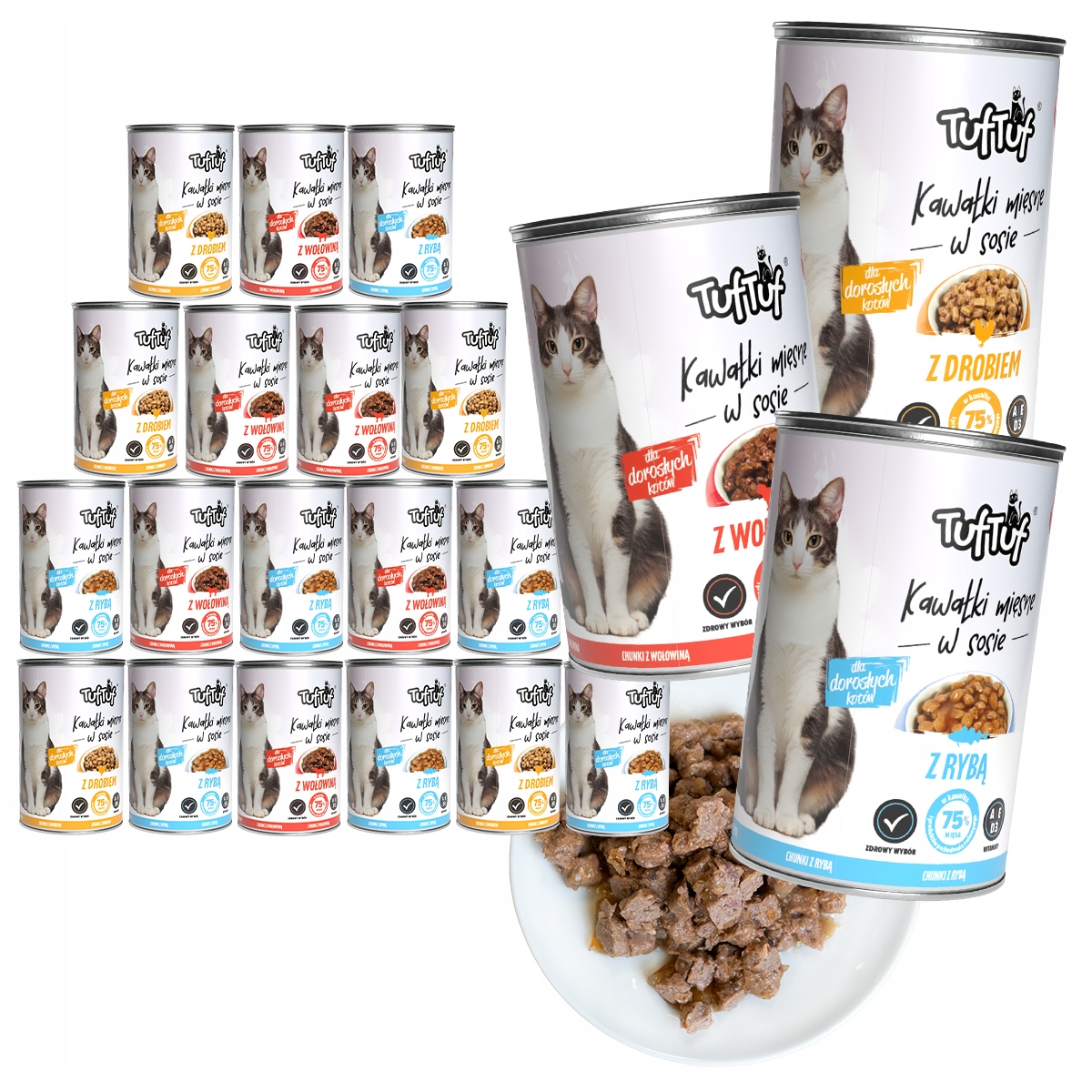 Krmivo Pro Kočky Vlhké Krmivo Plechovka MIX Chutí Kousky 20x415g TufTuf
