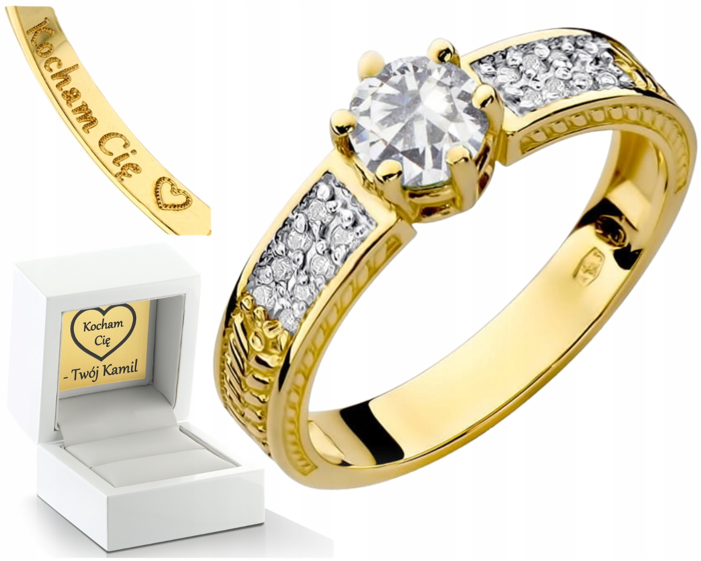 Zlatý Prstýnek Prsten S Bílým Safírem, Diamanty, Žluté Zlato, Gravírování Gravírka