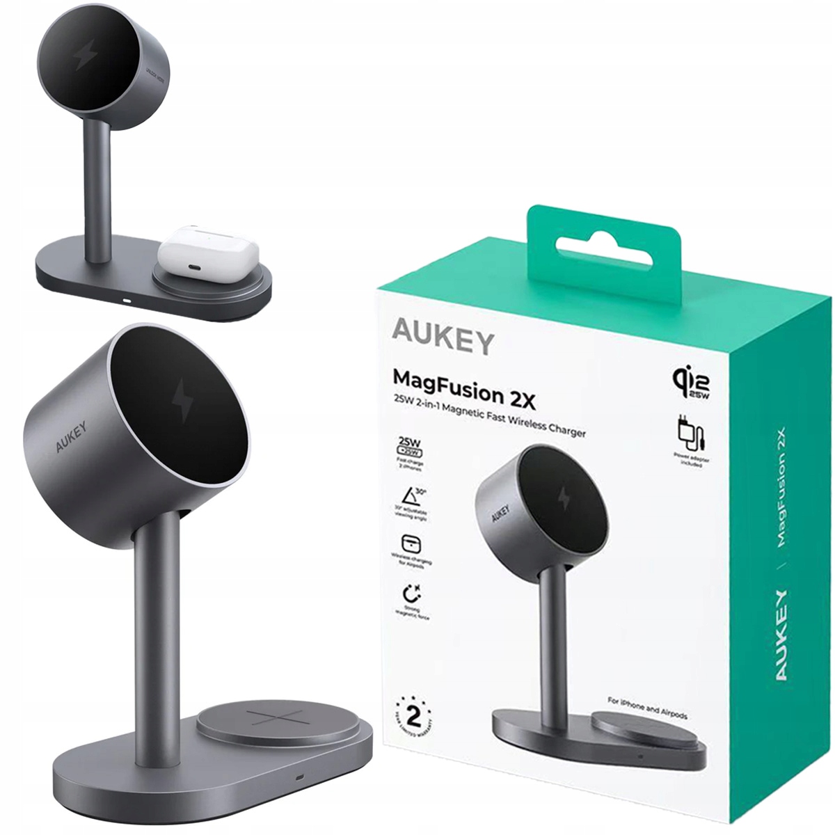 Magnetická bezdrátová nabíječka Qi2.2 2v1 Aukey MagFusion 2X 25W
