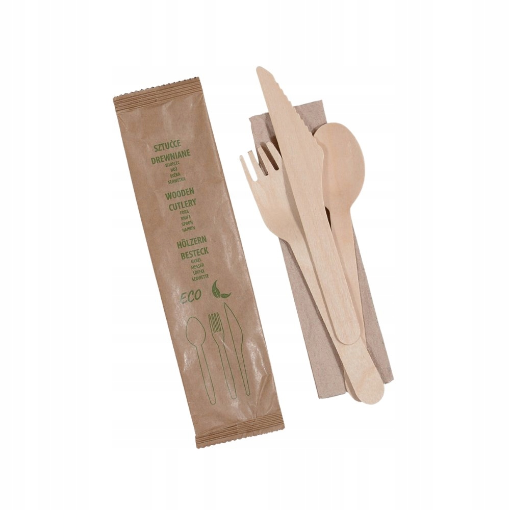 Sada drevených príborov vidlička, nôž, lyžica servítka, 300ks
