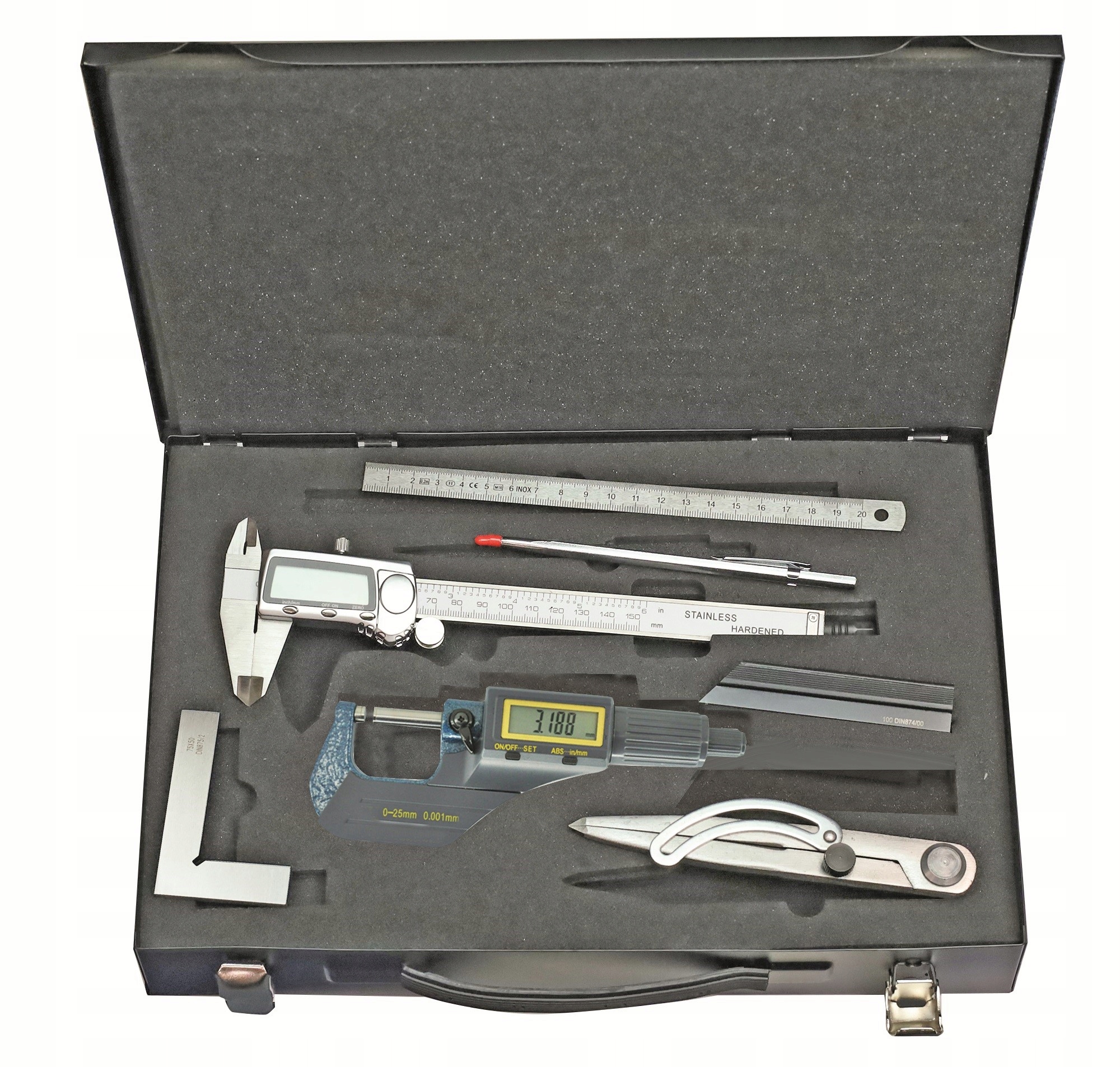 SUWMIARKA + KĄTOWNIK + LINIAŁ + MIKROMETR + LINIJKA + RYSIK ZESTAW