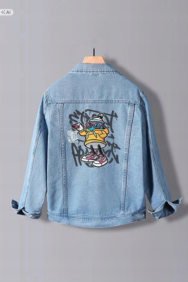 Světle Modrá Džínová Bunda S Potiskem Streetwear M 5IA