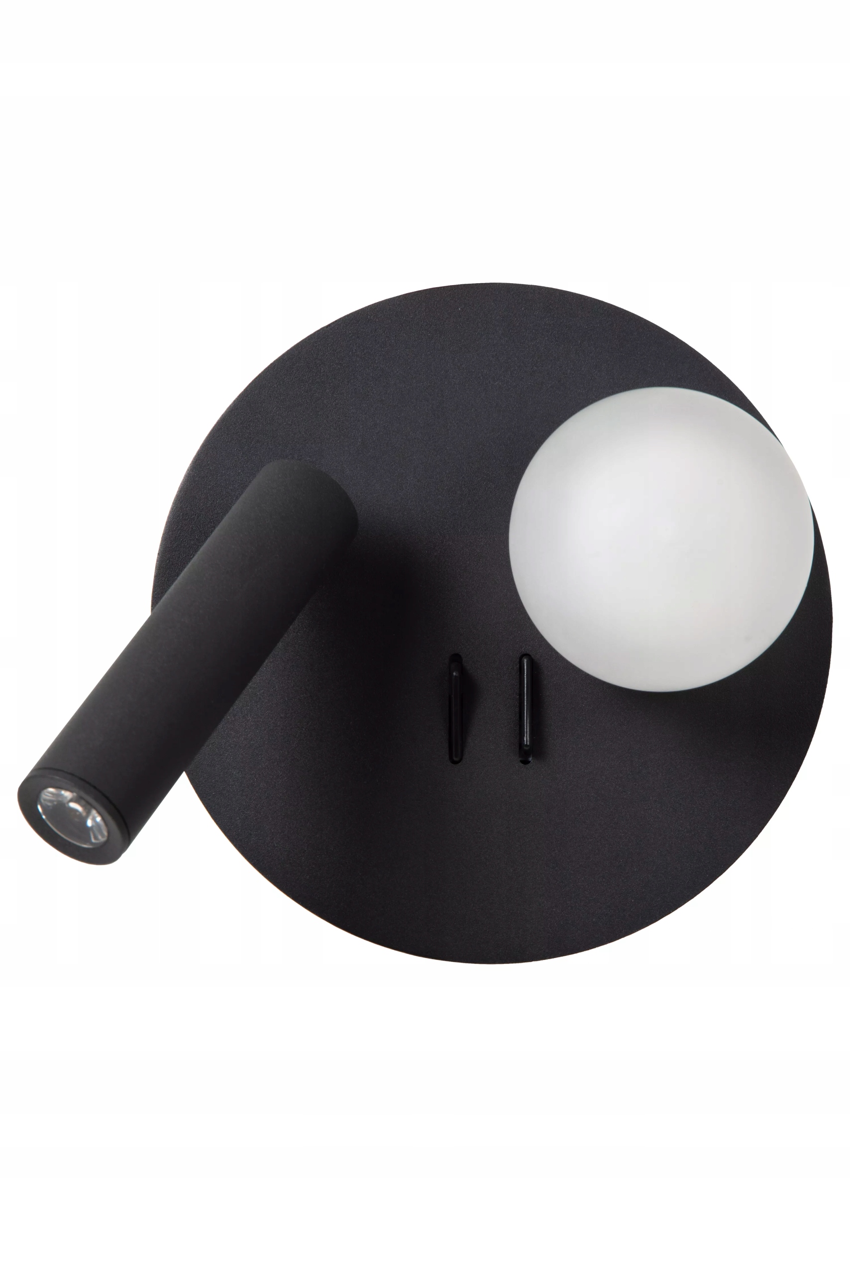 Čierna nástenná lampa s dvojitým reflektorom biela sklenená guľa Lucide