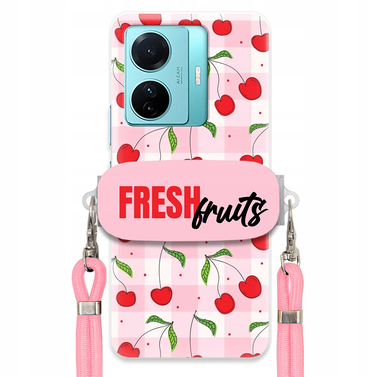 Puzdro pre Vivo S15 E Case držiak na šnúrku Ružový Fresh Fruits Mriežka Ovocie